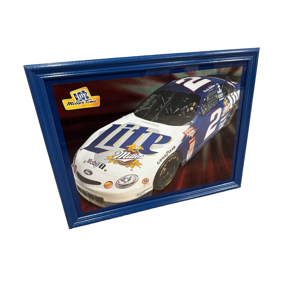 Vintage 1998 Miller Lite Beer NASCAR Racing Rusty Wallace Mirror Sign Ford Bar